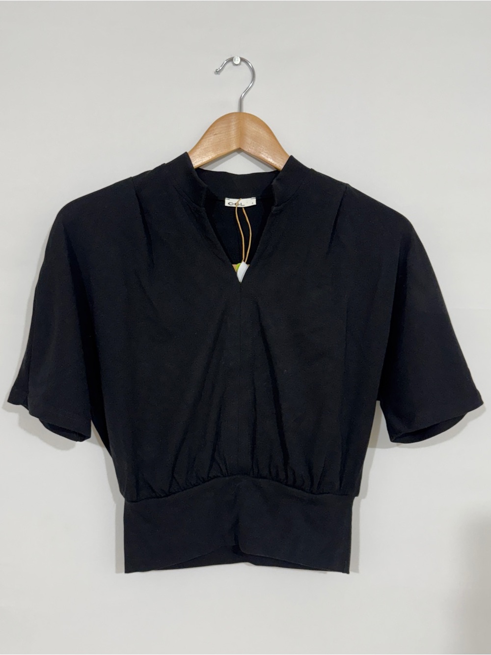 WSW18 {OGL} Black Short Sleeve V-Neck Collar Cropped Top Sweatshirt